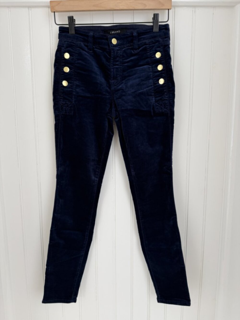 J Brand Zion Velvet Skinny Ankle Jeans — Night Out Navy, Gold Buttons, 25
